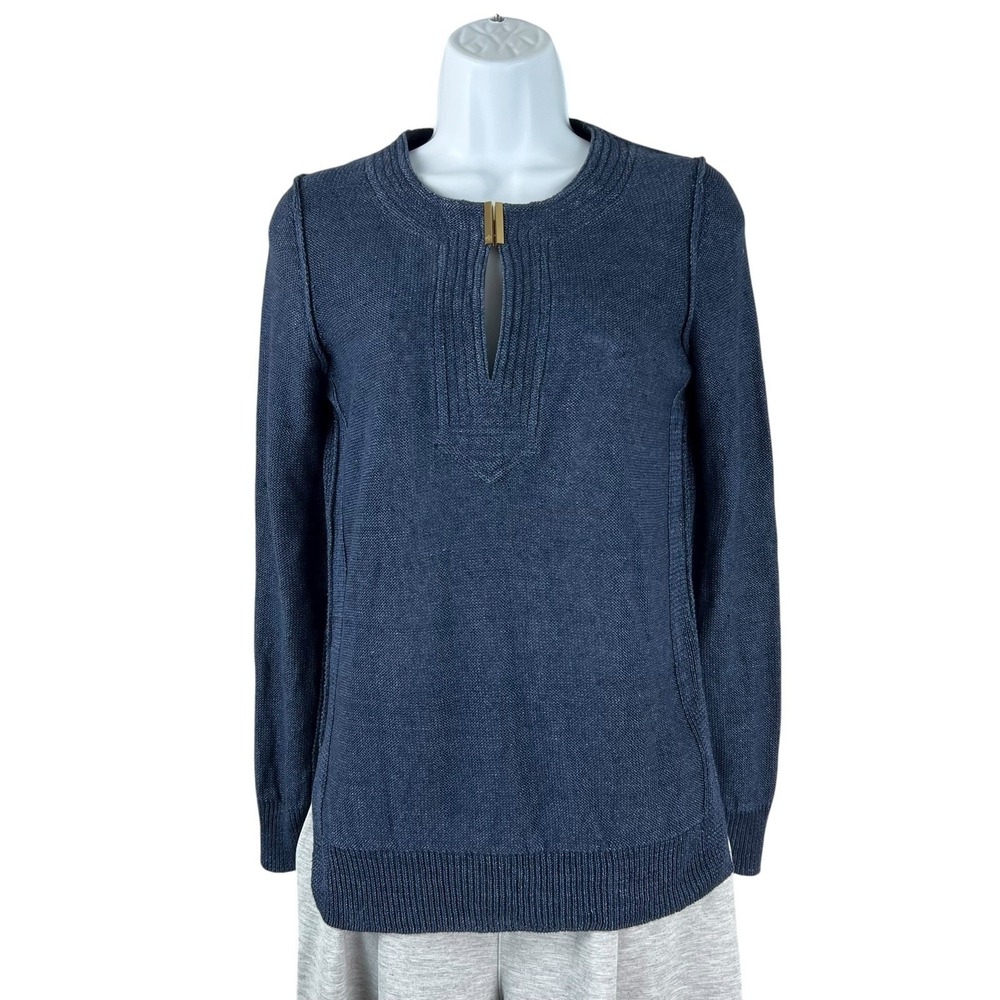 Tory Burch Sweater Womens Size XS Navy Blue Knit Long‎ Sleeve Linen Cotton Top